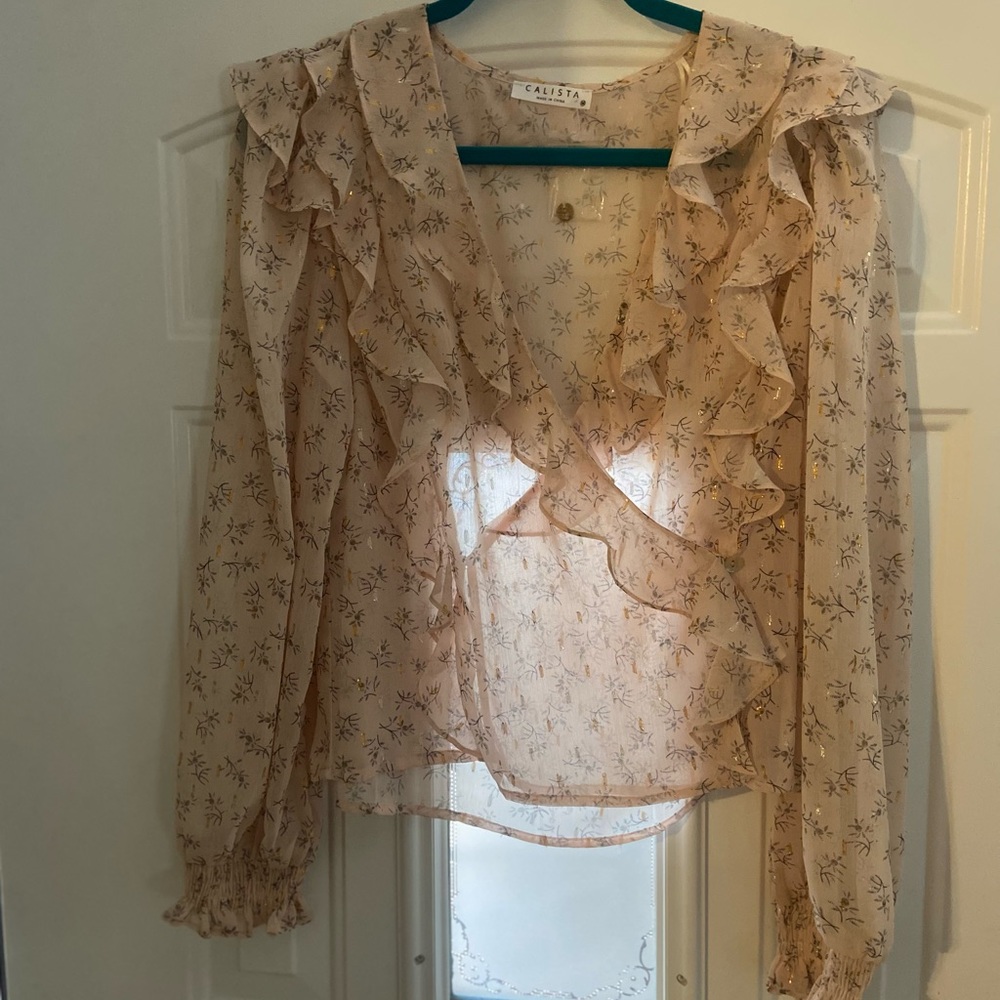Sheer ruffled pink blouse with gold detail